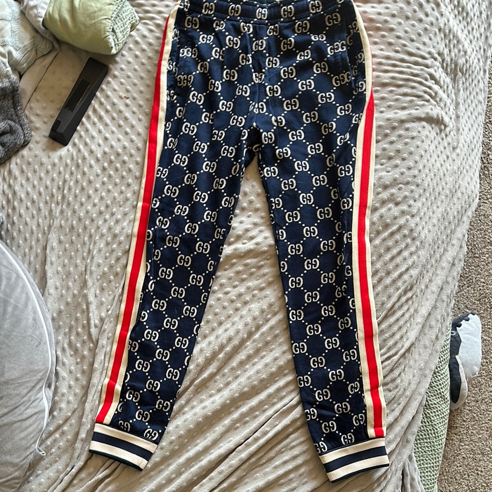 Gucci Navy Joggers with Red Stripes
